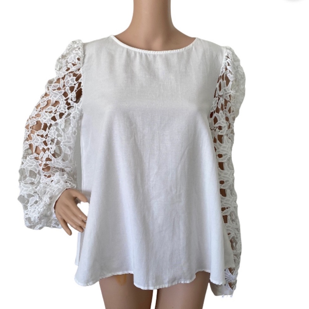 Shein White Lace Balloon Long Sleeve Blouse Size Large